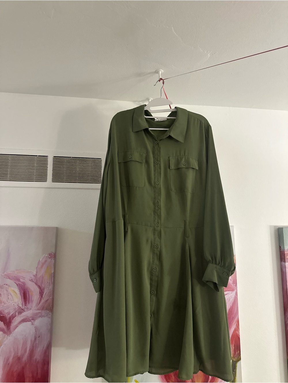 Relaxed Olive Green Button-Front Midi Dress
